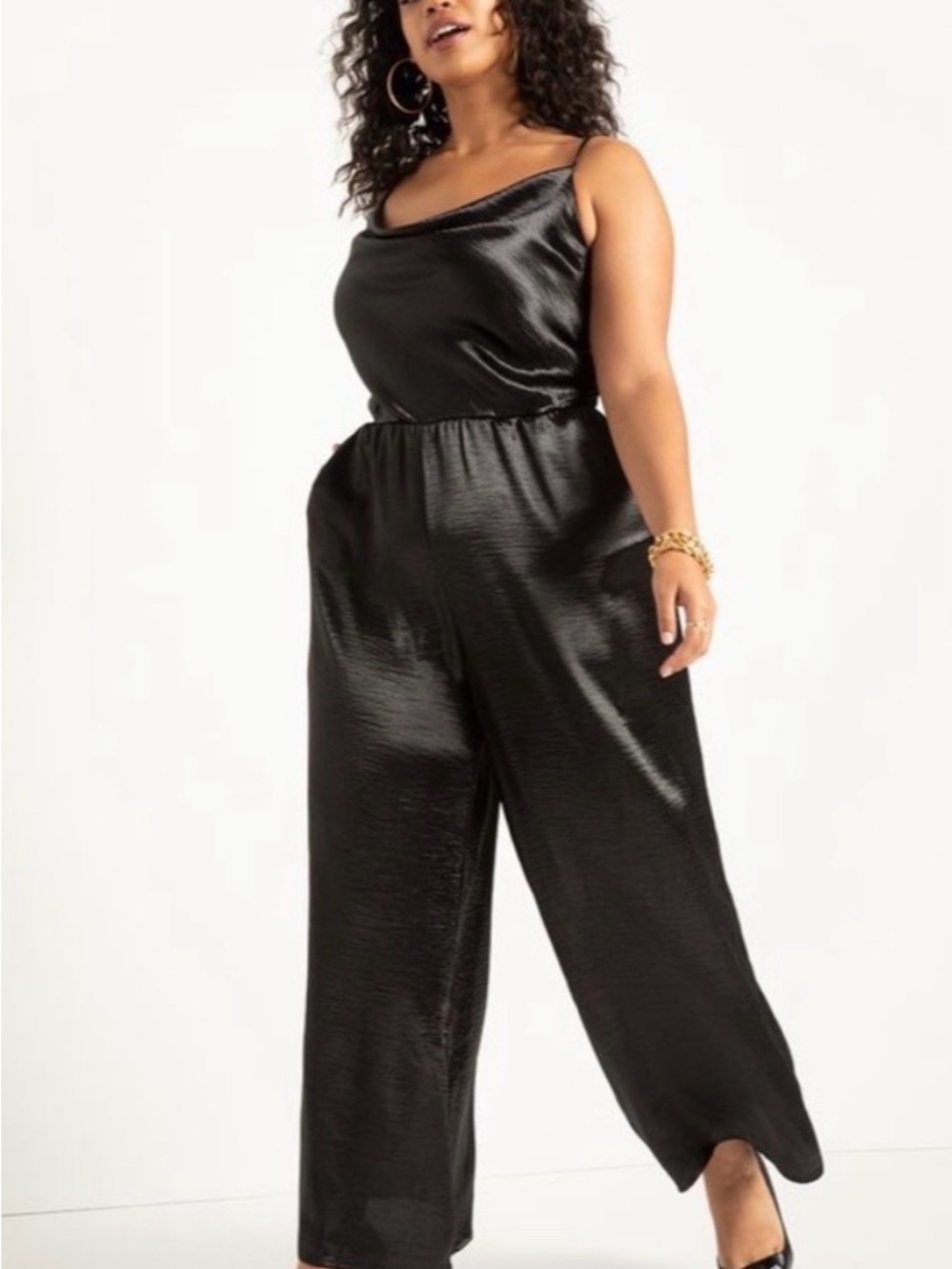 Eloquii Black Satin Cowl-Neck Wide-Leg Jumpsuit